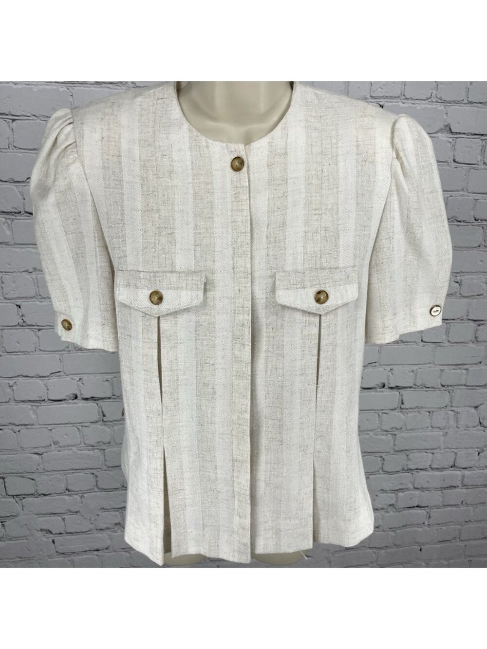 VTG Leslie Fay Petite Beige Flax Blend Button Up Puff Sleeve Blouse USA Made 14P